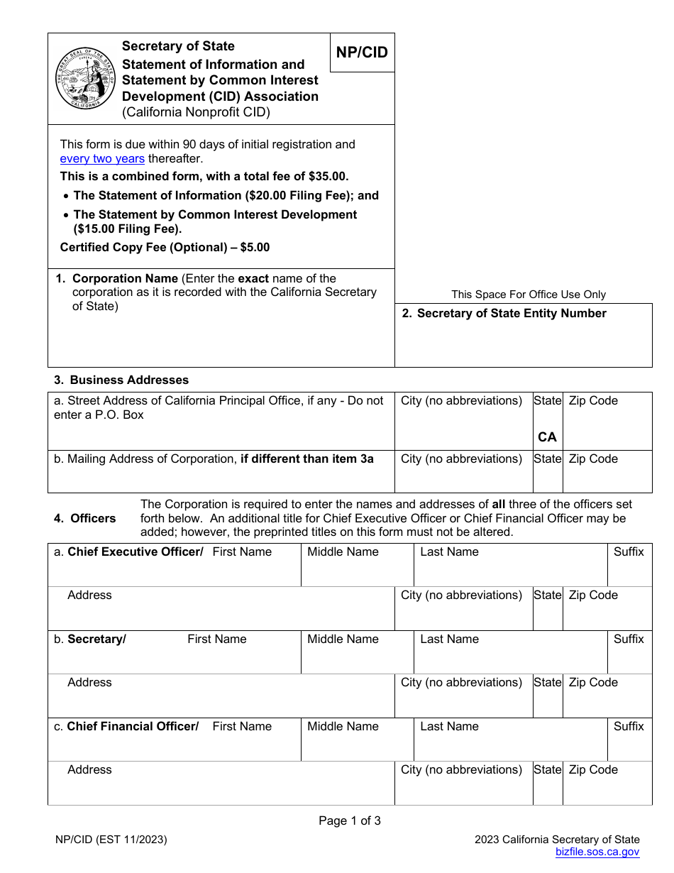 Form NP / CID Statement of Information and Statement by Common Interest Development (Cid) Association (California Nonprofit Cid) - California, Page 2