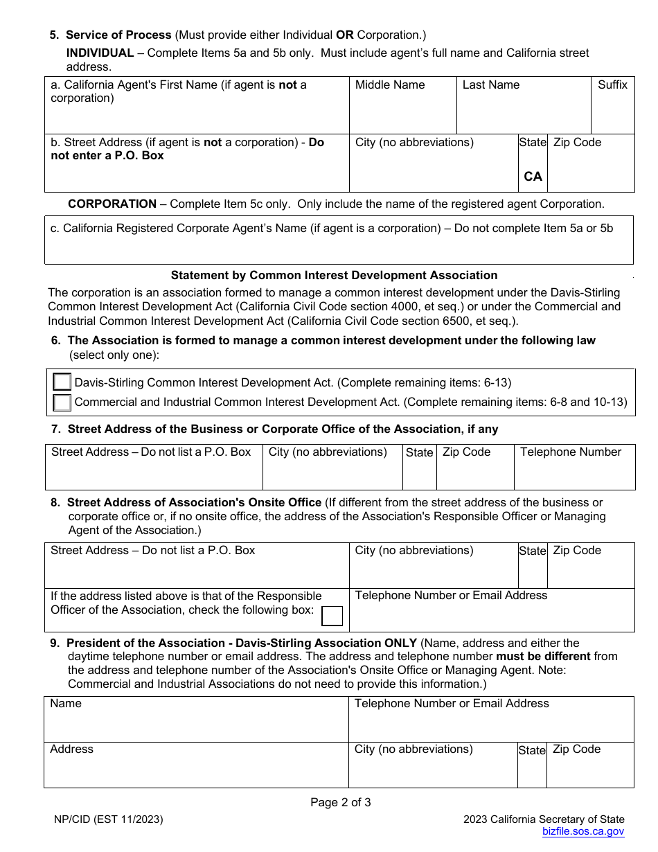 Form NP / CID Statement of Information and Statement by Common Interest Development (Cid) Association (California Nonprofit Cid) - California, Page 3