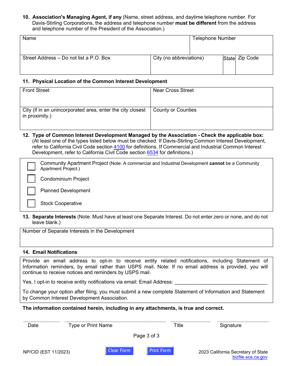 Form NP / CID Statement of Information and Statement by Common Interest Development (Cid) Association (California Nonprofit Cid) - California, Page 4