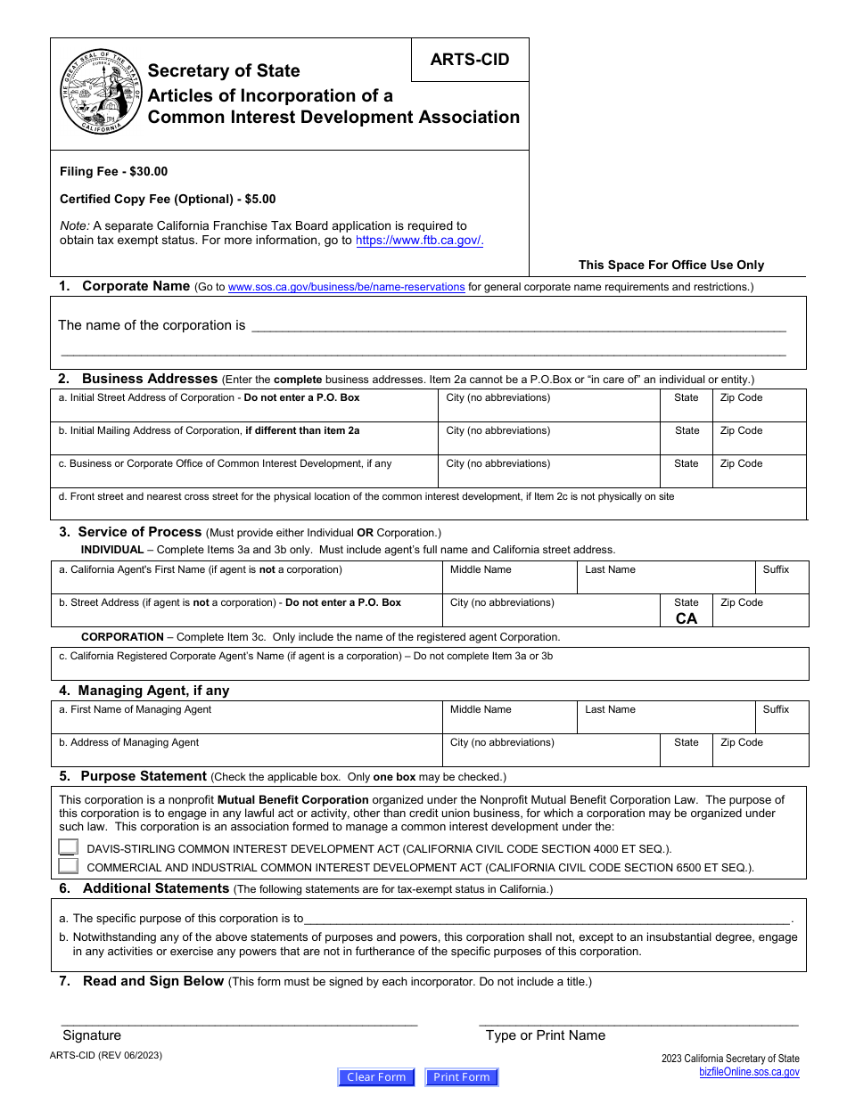 Form ARTS-CID Articles of Incorporation of a Common Interest Development Association - California, Page 2
