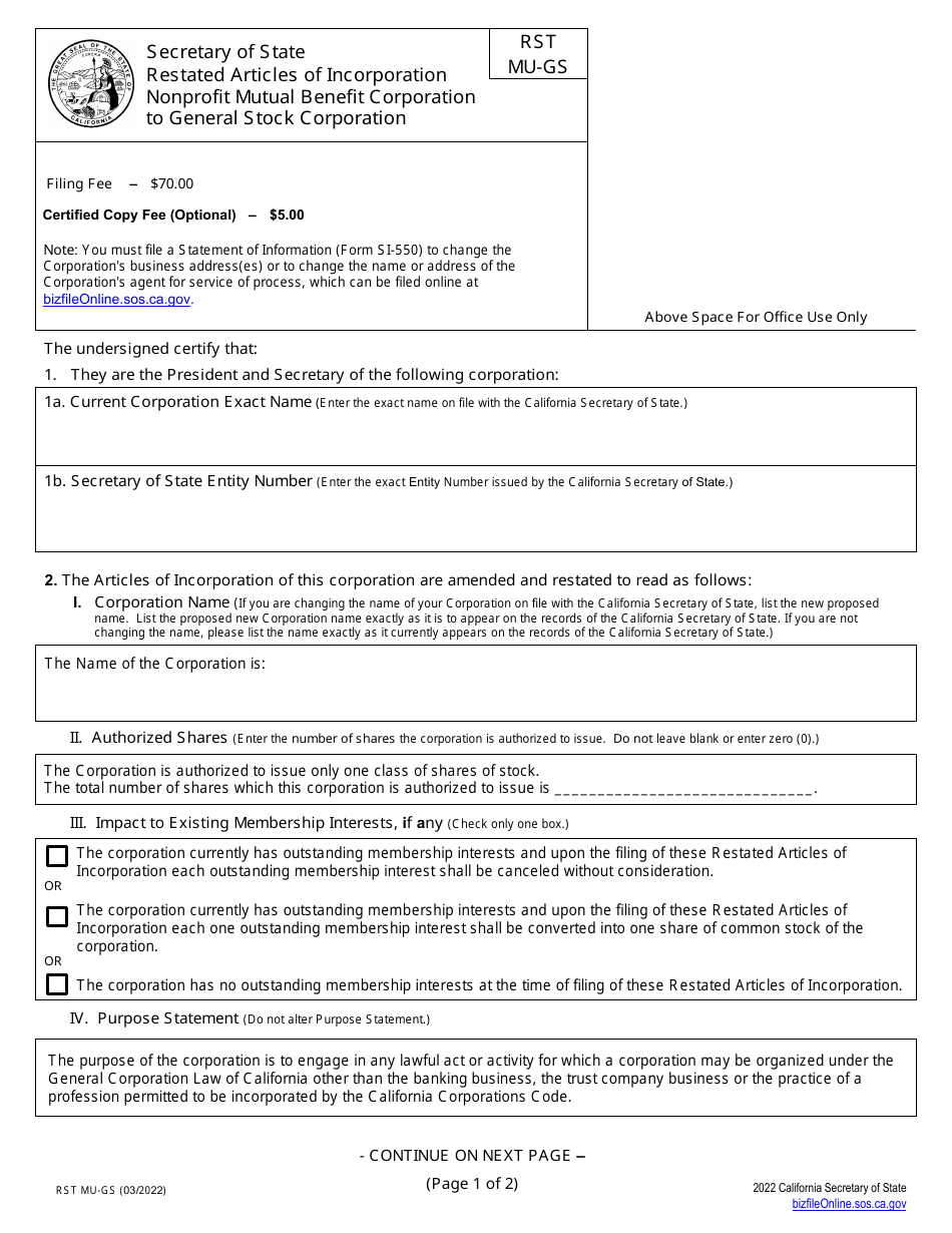 Form RST MU-GS Restated Articles of Incorporation - Nonprofit Mutual Benefit Corporation to General Stock Corporation - California, Page 2