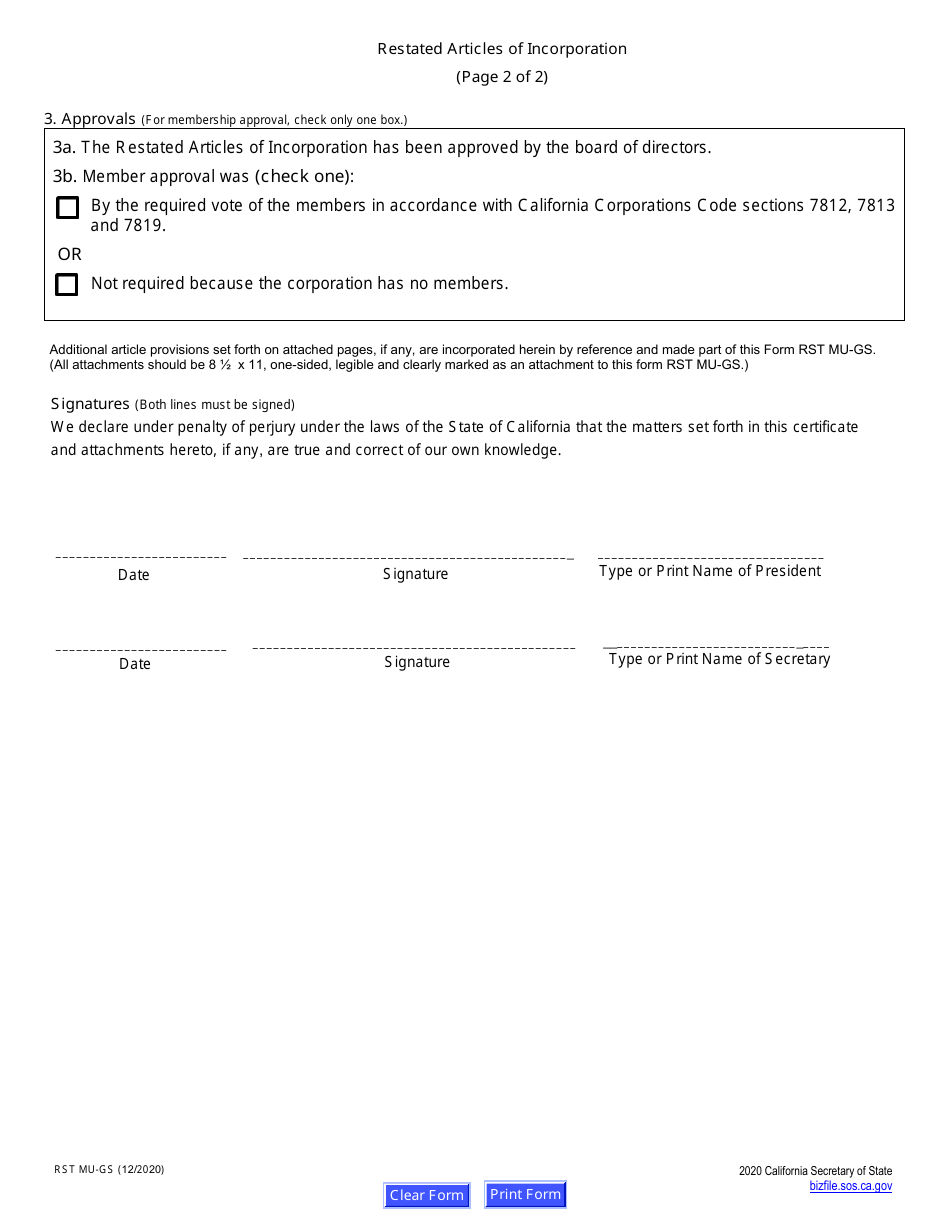 Form RST MU-GS Restated Articles of Incorporation - Nonprofit Mutual Benefit Corporation to General Stock Corporation - California, Page 3
