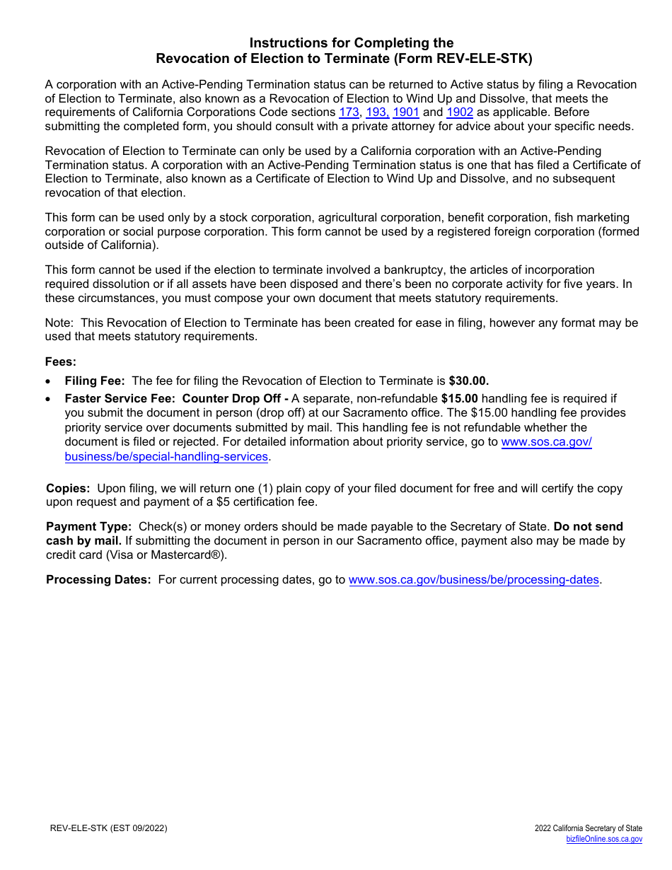 Form REV-ELE-STK Revocation of Election to Terminate - Stock Corporations - California, Page 2