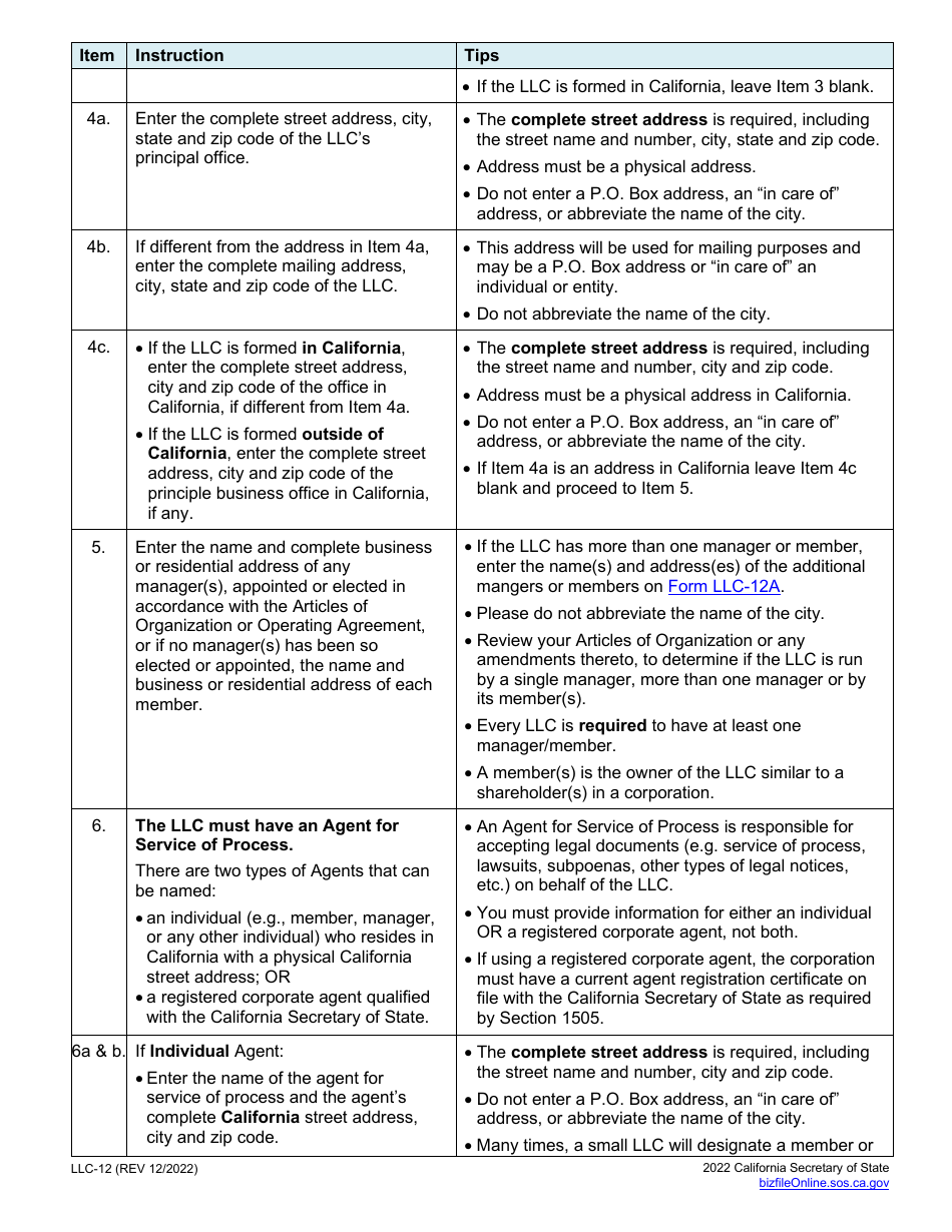 Form LLC-12 Statement of Information (Limited Liability Company) - California, Page 4
