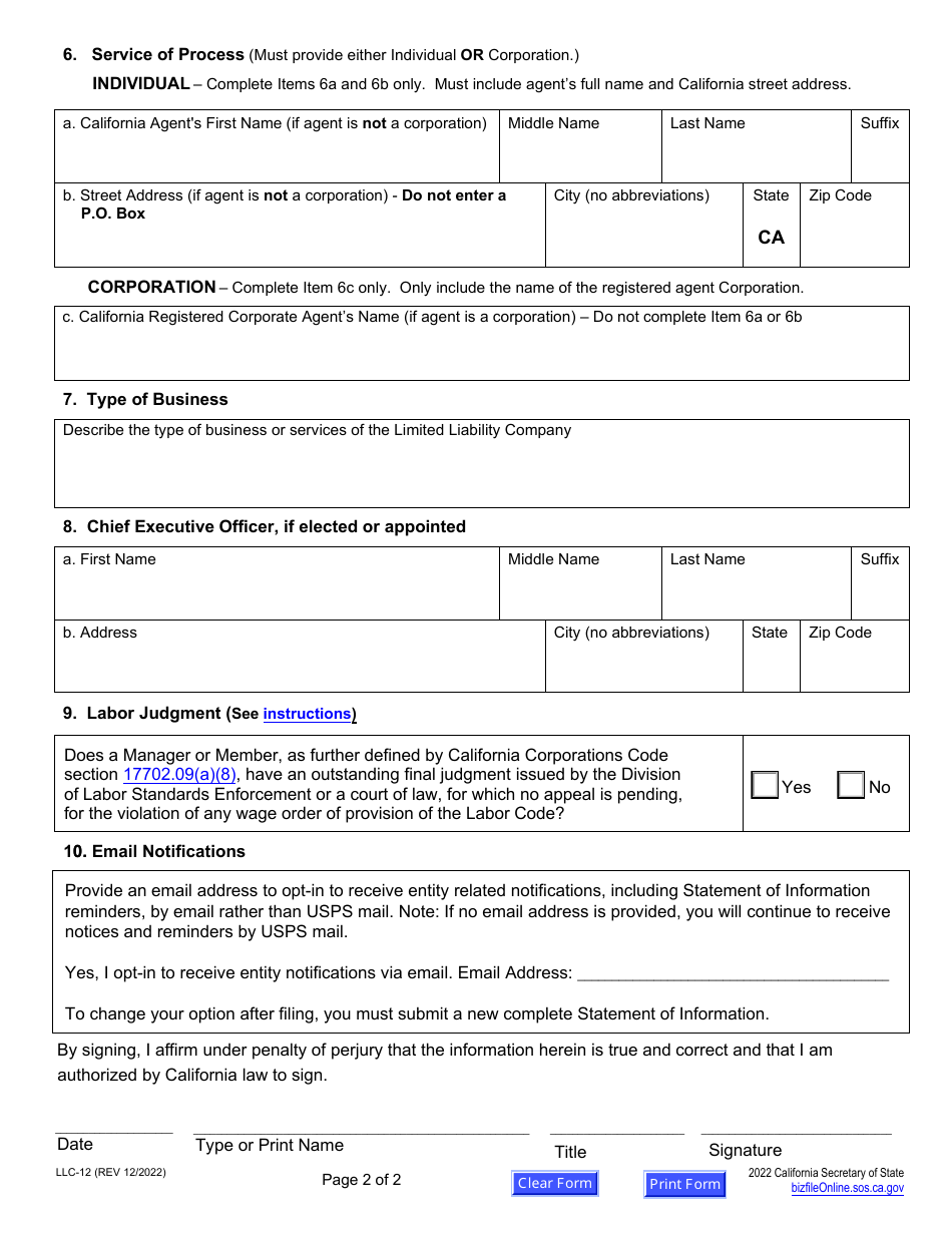 Form LLC-12 Statement of Information (Limited Liability Company) - California, Page 8