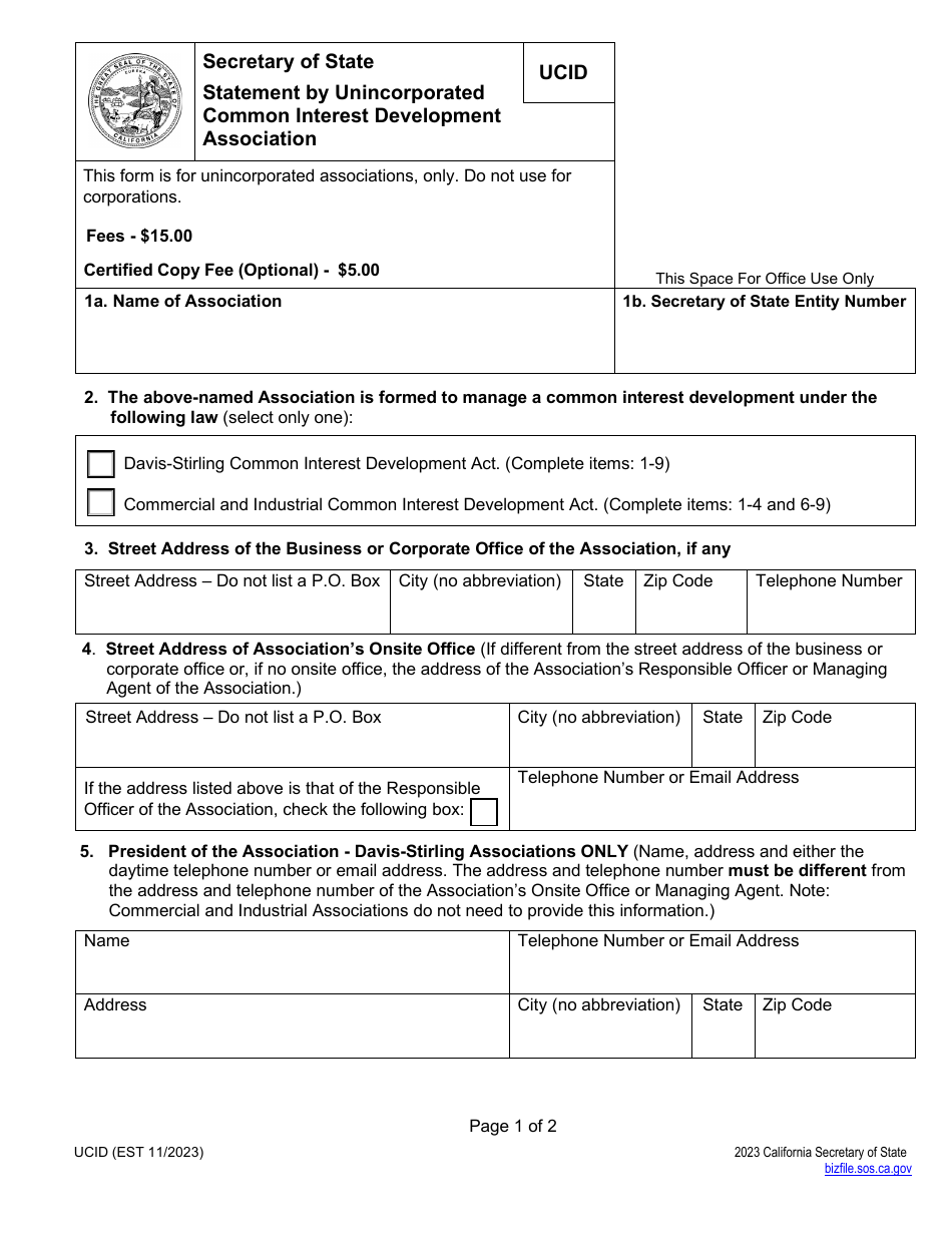 Form UCID Statement by Unincorporated Common Interest Development Association - California, Page 2