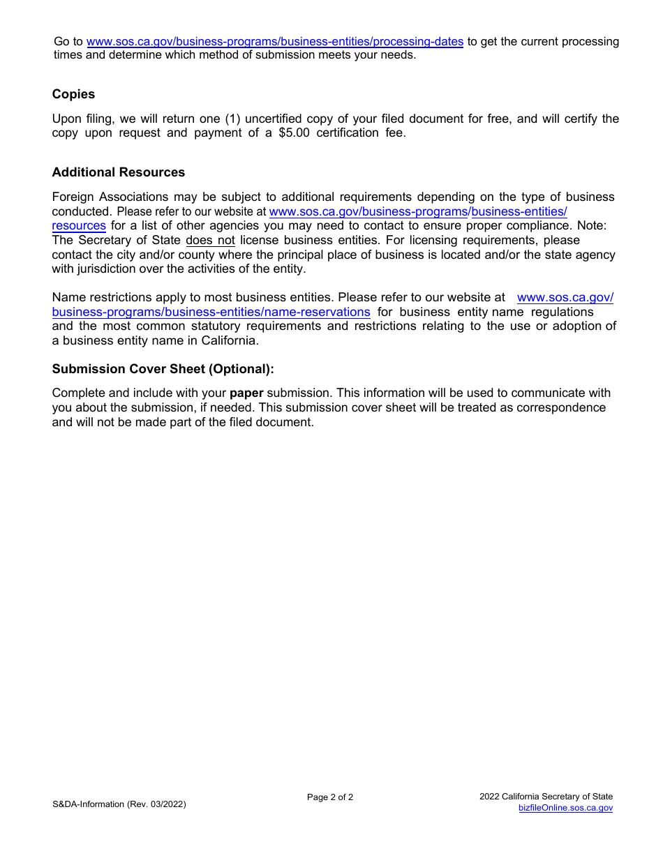 Form SDA Statement and Designation by Foreign Association - California, Page 3