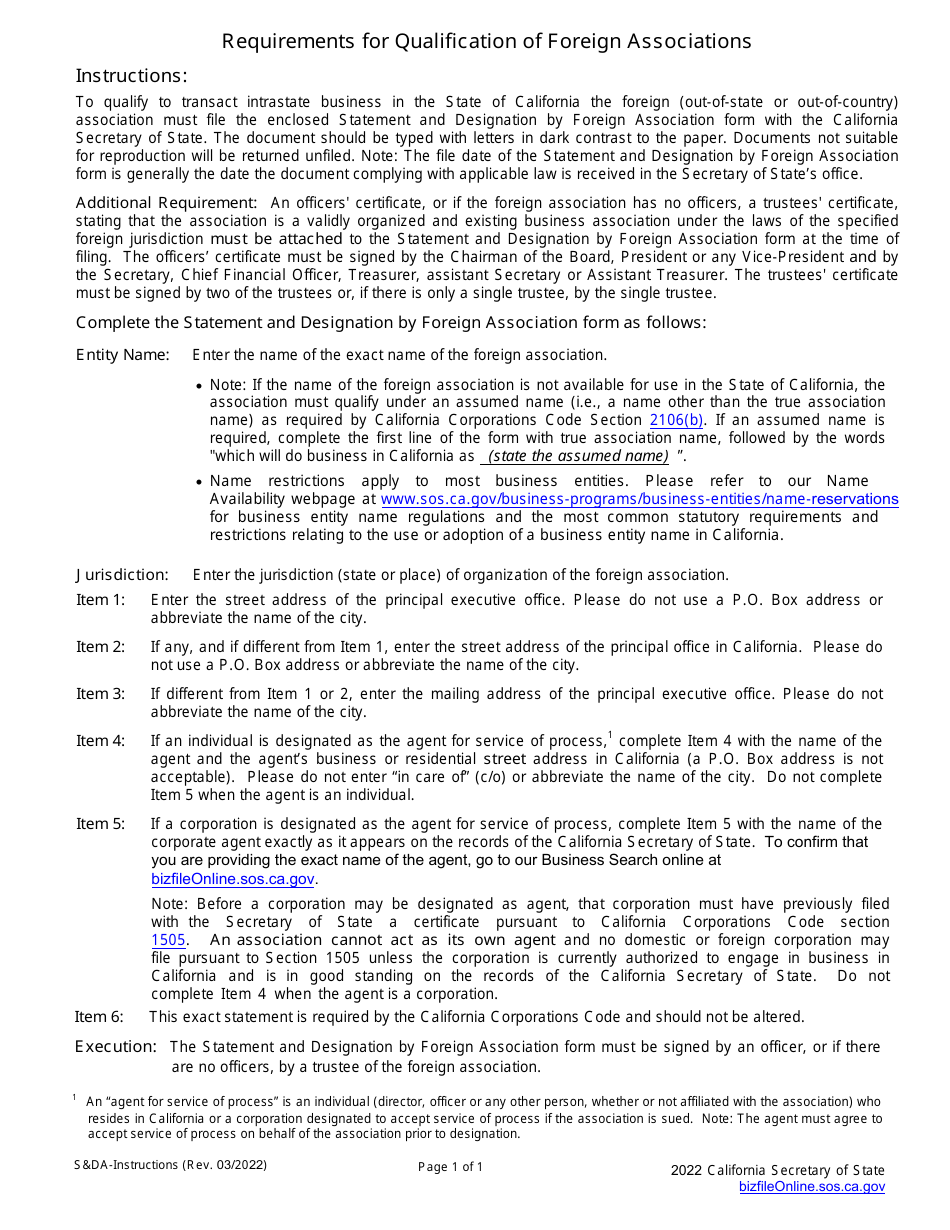 Form SDA Statement and Designation by Foreign Association - California, Page 4