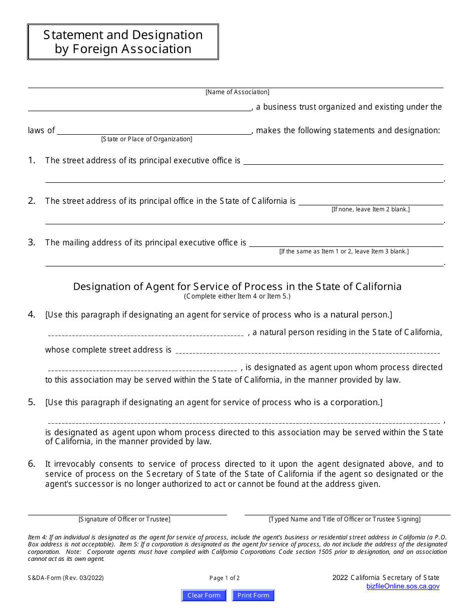 Form SDA Statement and Designation by Foreign Association - California, Page 5