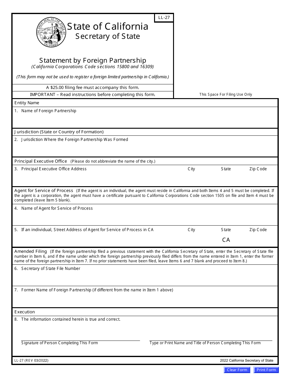 Form LL-27 Statement by Foreign Partnership - California, Page 3