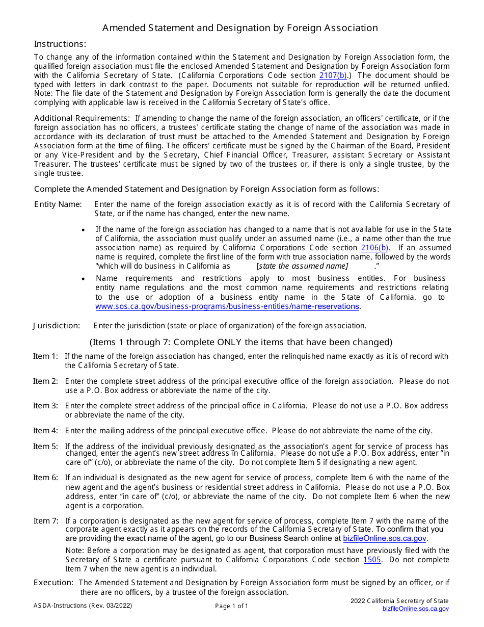 Form ASDA Amended Statement and Designation by Foreign Association - California, Page 3
