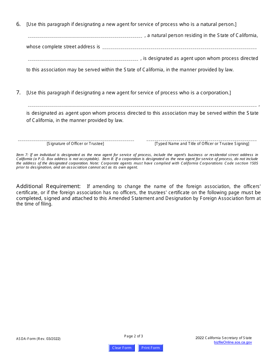 Form ASDA Amended Statement and Designation by Foreign Association - California, Page 5