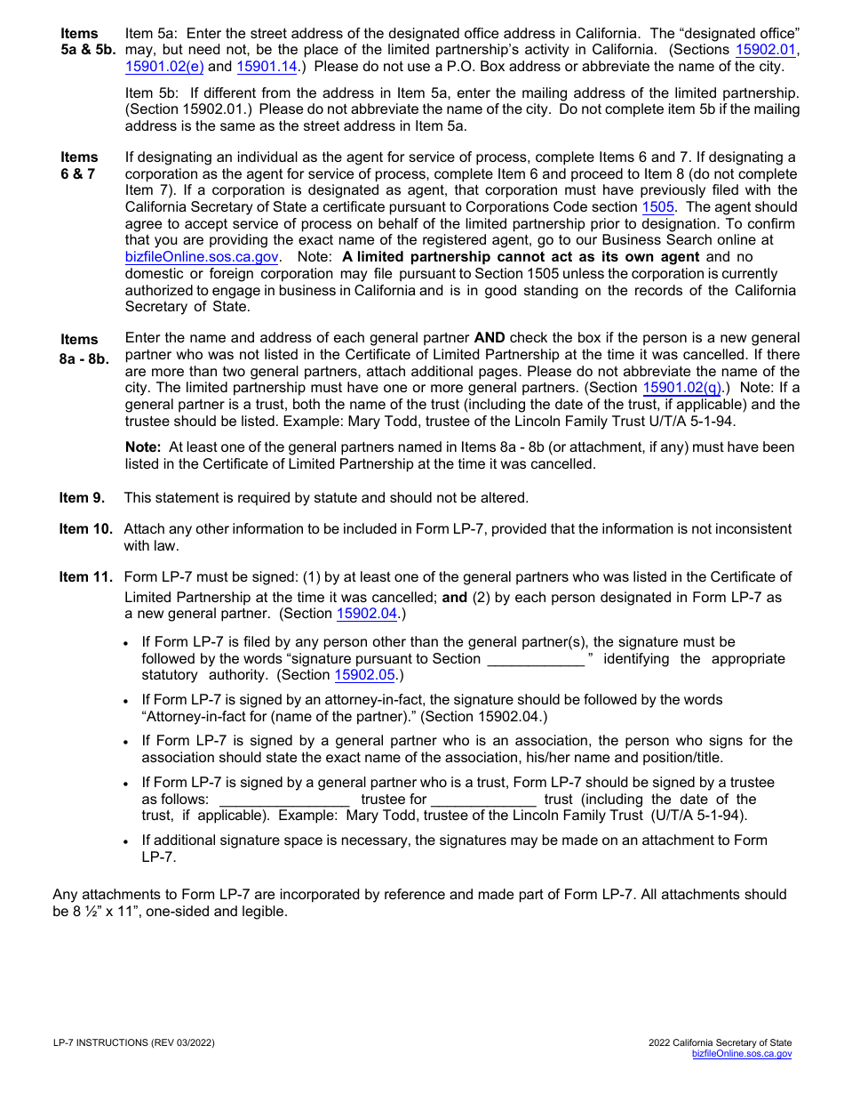 Form LP-7 Limited Partnership Certificate of Revival - California, Page 3