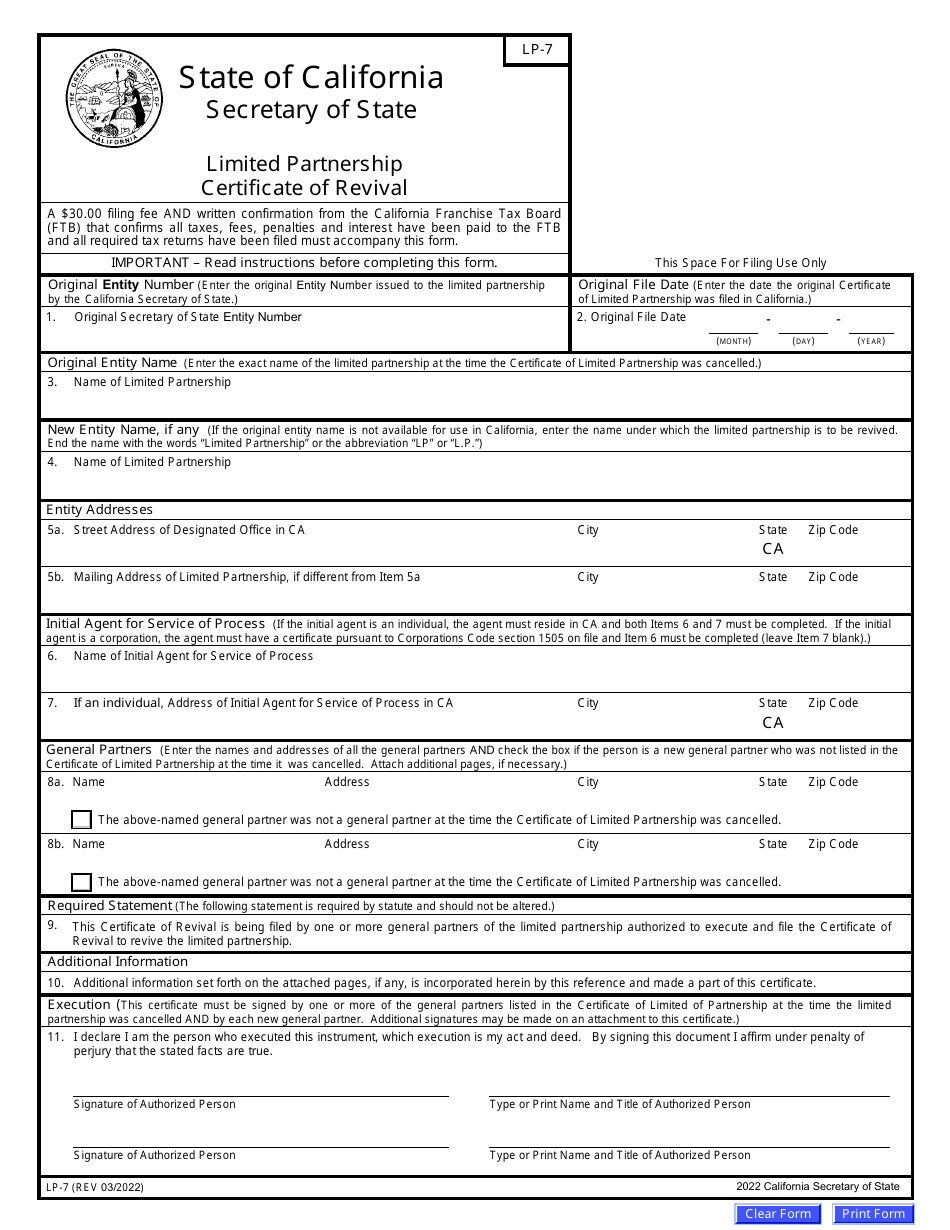 Form LP-7 Limited Partnership Certificate of Revival - California, Page 4