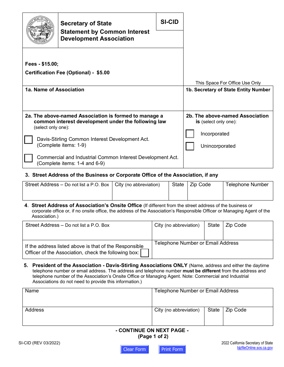 Form SI-CID Statement by Common Interest Development Association - California, Page 2