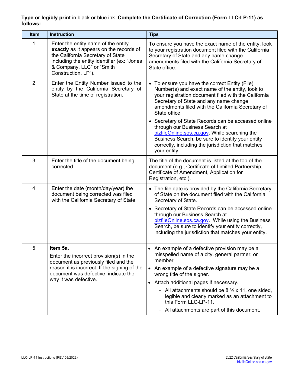 Form LLC-LP-11 Certificate of Correction - Limited Liability Company (LLC) or Limited Partnership (Lp) - California, Page 3