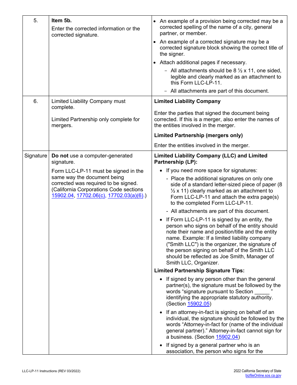 Form LLC-LP-11 Certificate of Correction - Limited Liability Company (LLC) or Limited Partnership (Lp) - California, Page 4