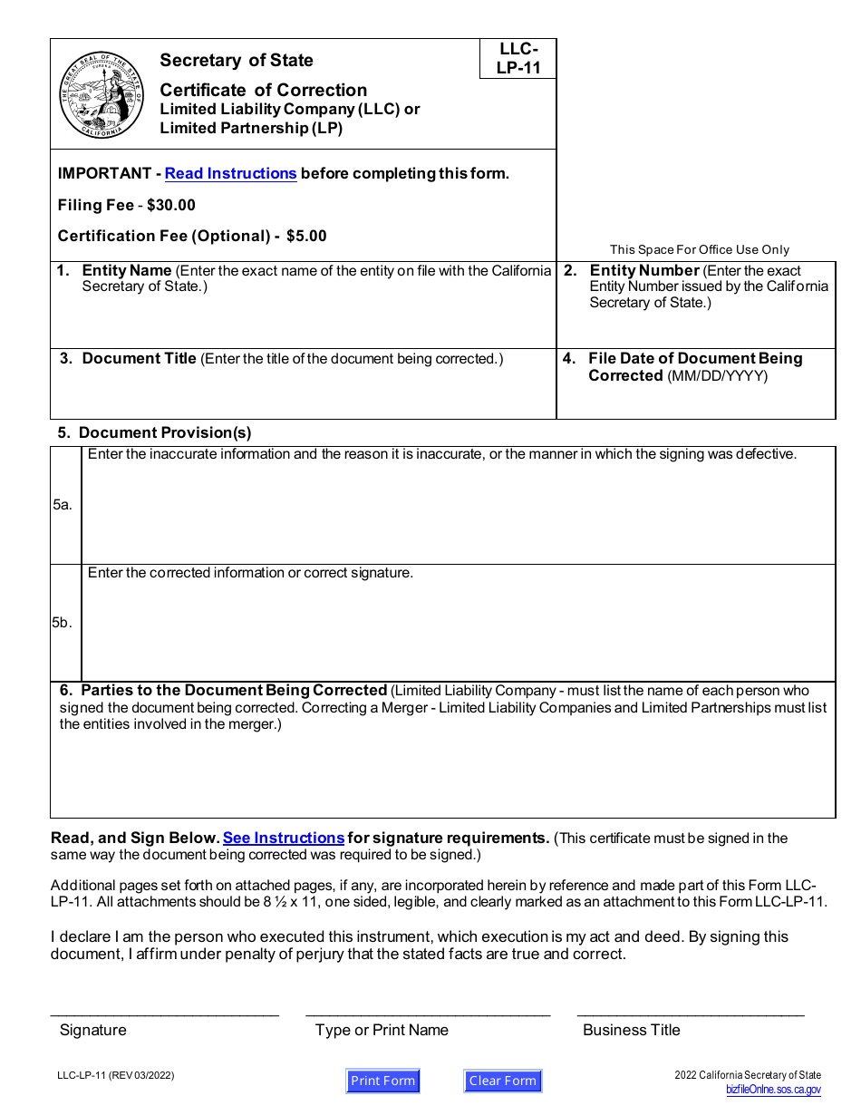 Form LLC-LP-11 Certificate of Correction - Limited Liability Company (LLC) or Limited Partnership (Lp) - California, Page 6
