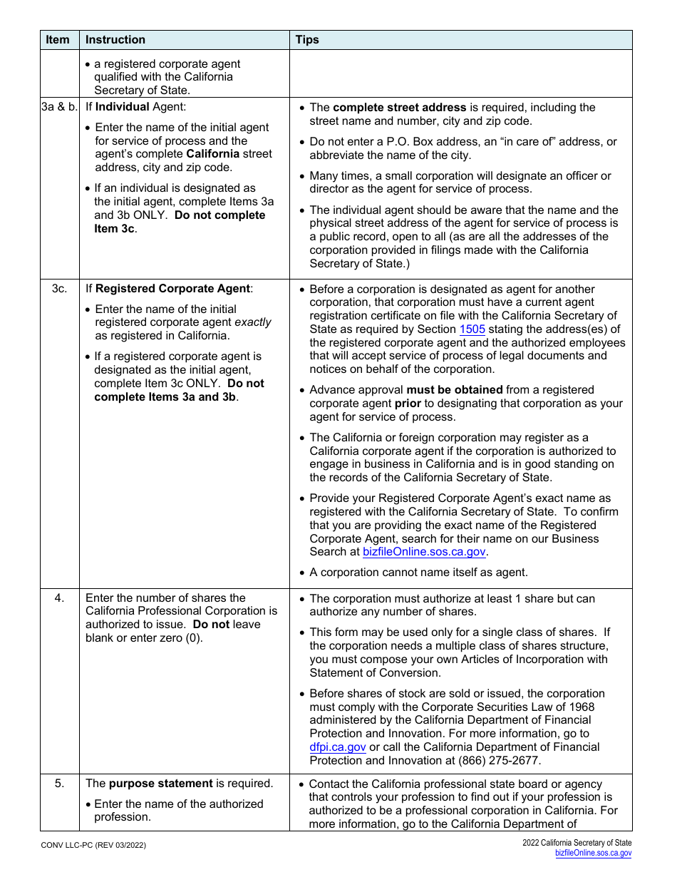 Form CONV LLC-PC Articles of Incorporation With Statement of Conversion - California Limited Liability Company to a California Professional Corporation - California, Page 4