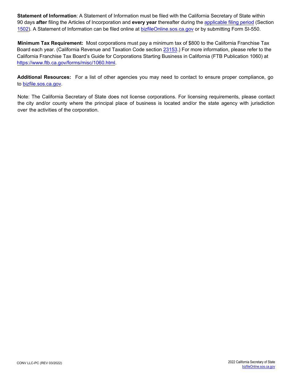 Form CONV LLC-PC Articles of Incorporation With Statement of Conversion - California Limited Liability Company to a California Professional Corporation - California, Page 6