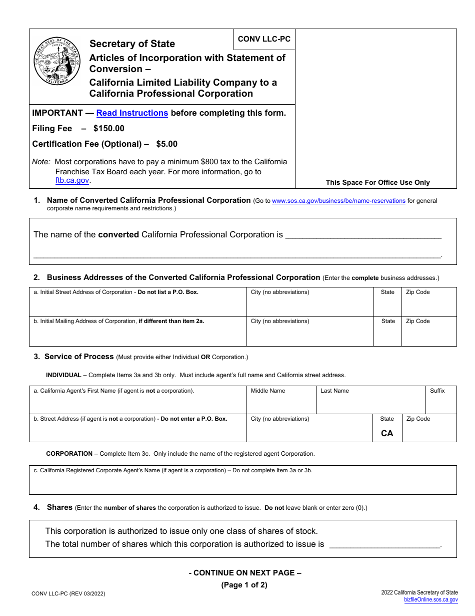 Form CONV LLC-PC Articles of Incorporation With Statement of Conversion - California Limited Liability Company to a California Professional Corporation - California, Page 7