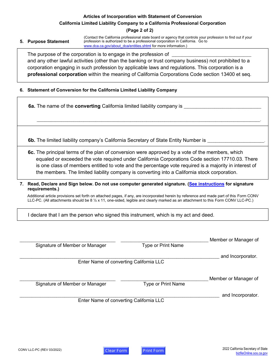 Form CONV LLC-PC Articles of Incorporation With Statement of Conversion - California Limited Liability Company to a California Professional Corporation - California, Page 8