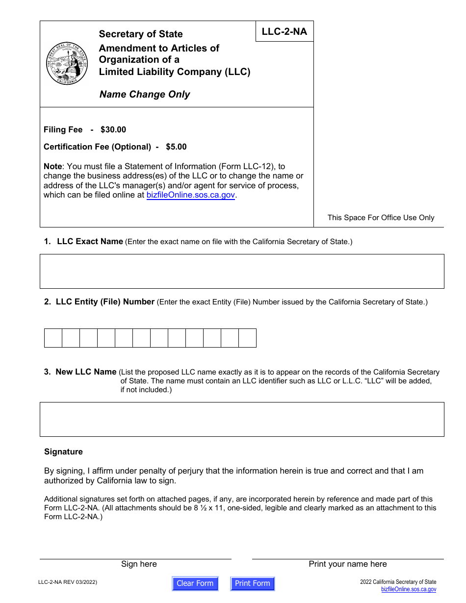 Form LLC-2-NA Amendment to Articles of Organization of a Limited Liability Company (LLC) - California, Page 2
