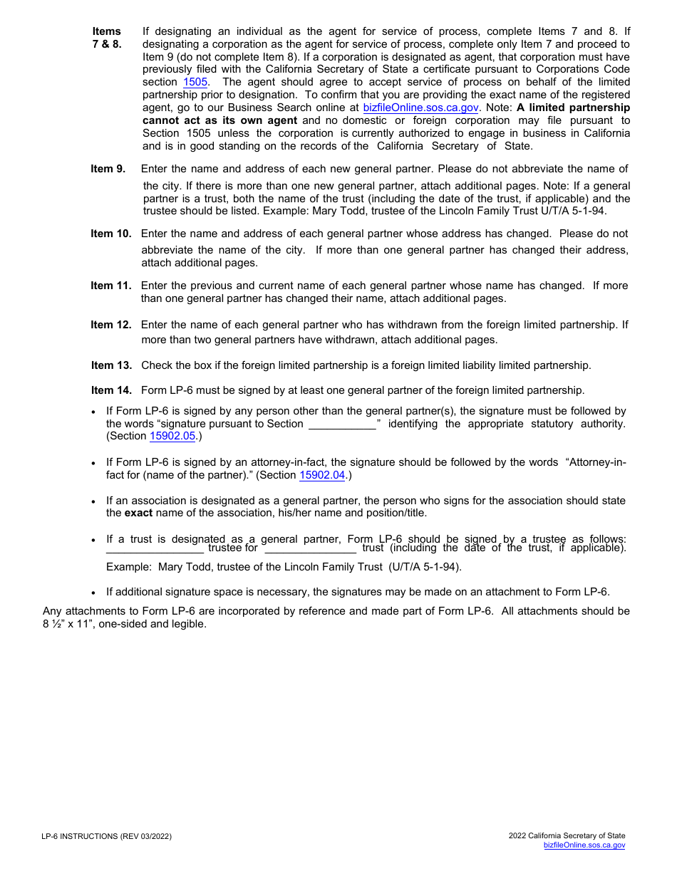 Form LP-6 Foreign Limited Partnership Amendment to Application for Registration - California, Page 3