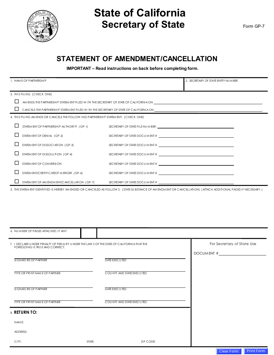 Form GP-7 Statement of Amendment / Cancellation - California, Page 3