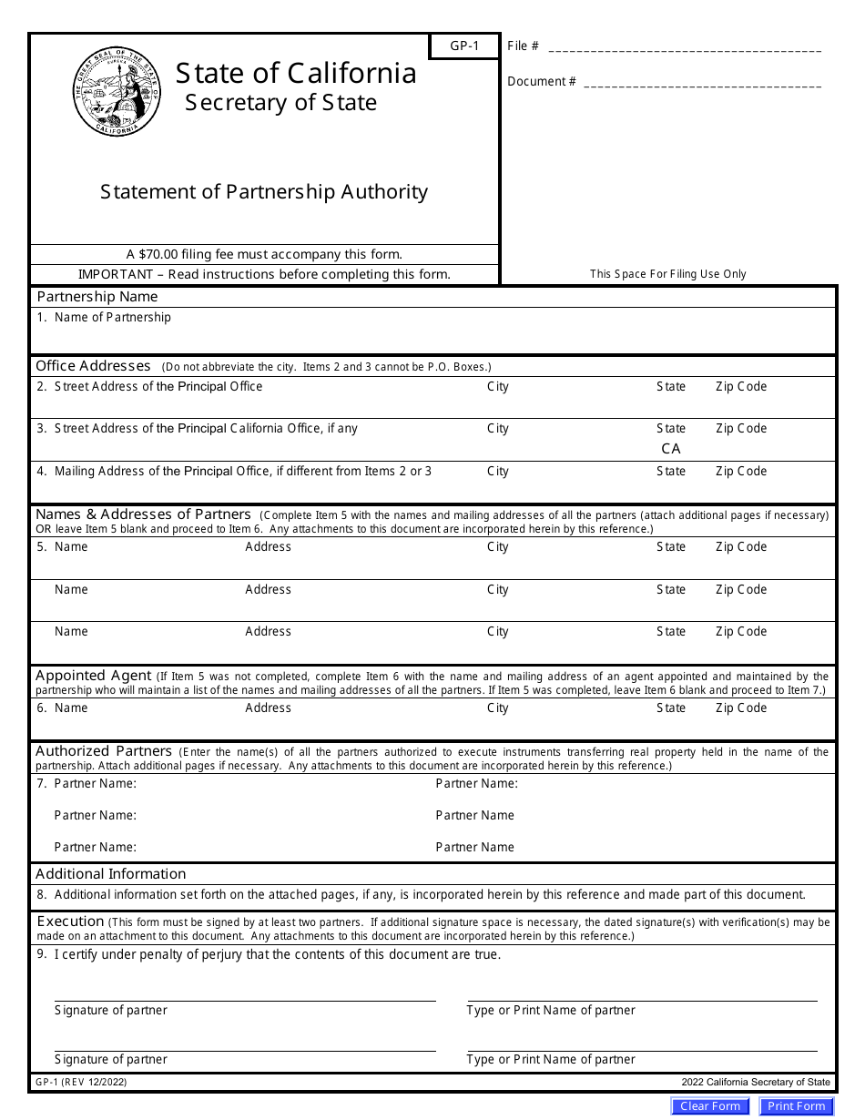 Form GP-1 Statement of Partnership Authority - California, Page 3