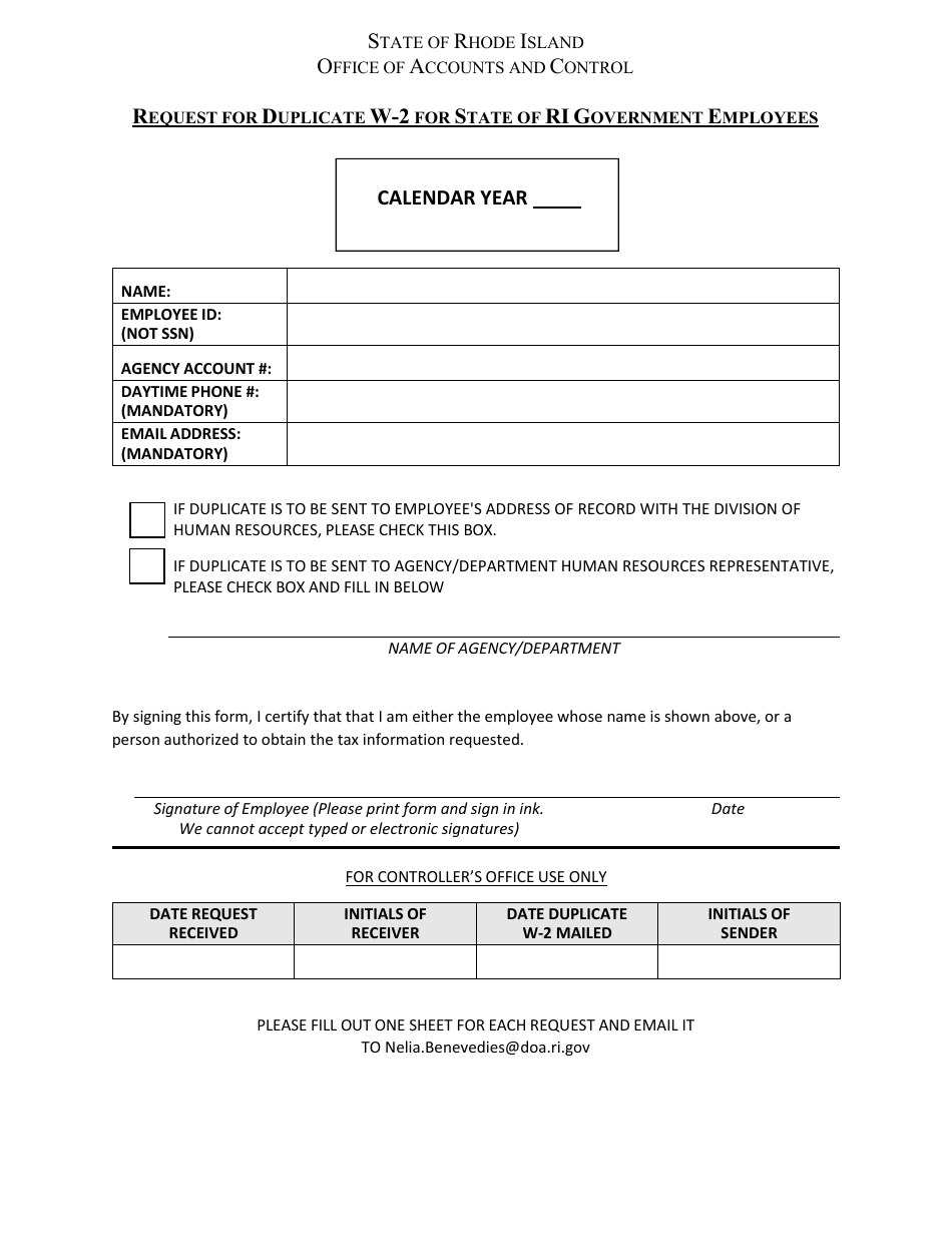 Request for Duplicate W-2 for State of Ri Government Employees - Rhode Island, Page 1