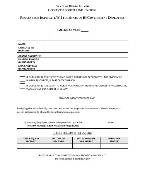 Request for Duplicate W-2 for State of Ri Government Employees - Rhode Island