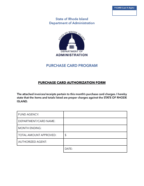 Purchase Card Authorization Form Cover Page - Rhode Island