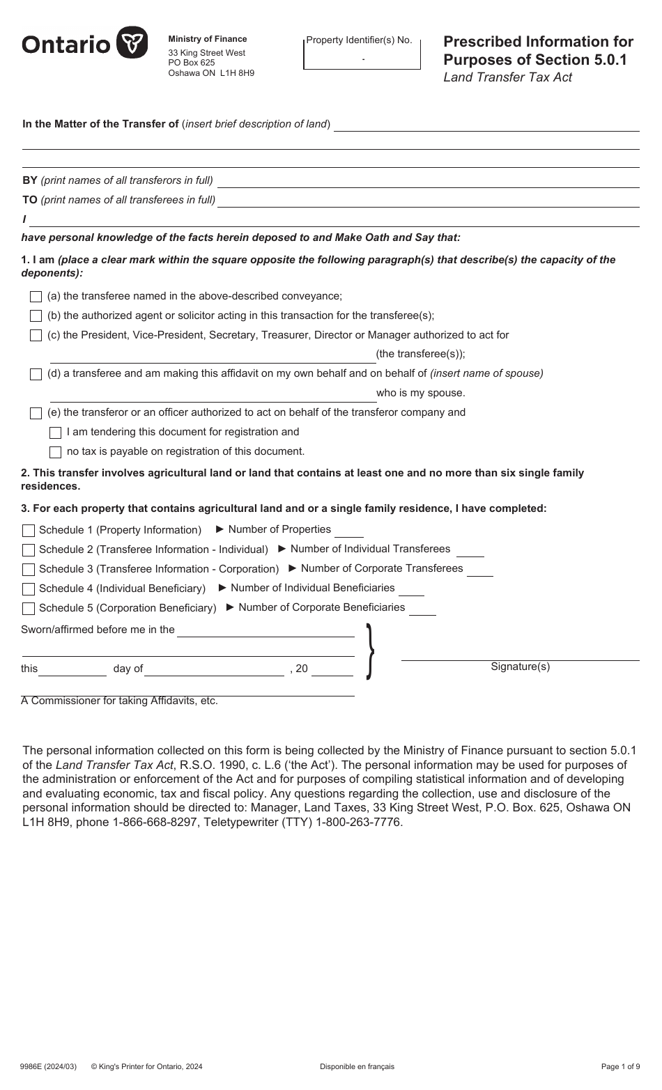 Form 9986E Prescribed Information for Purposes of Section 5.0.1 - Ontario, Canada, Page 1