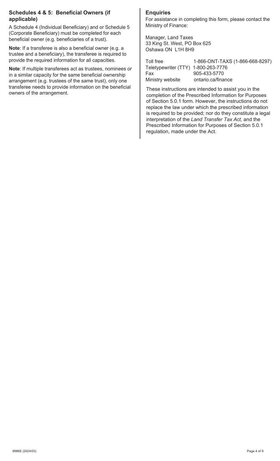 Form 9986E Prescribed Information for Purposes of Section 5.0.1 - Ontario, Canada, Page 4