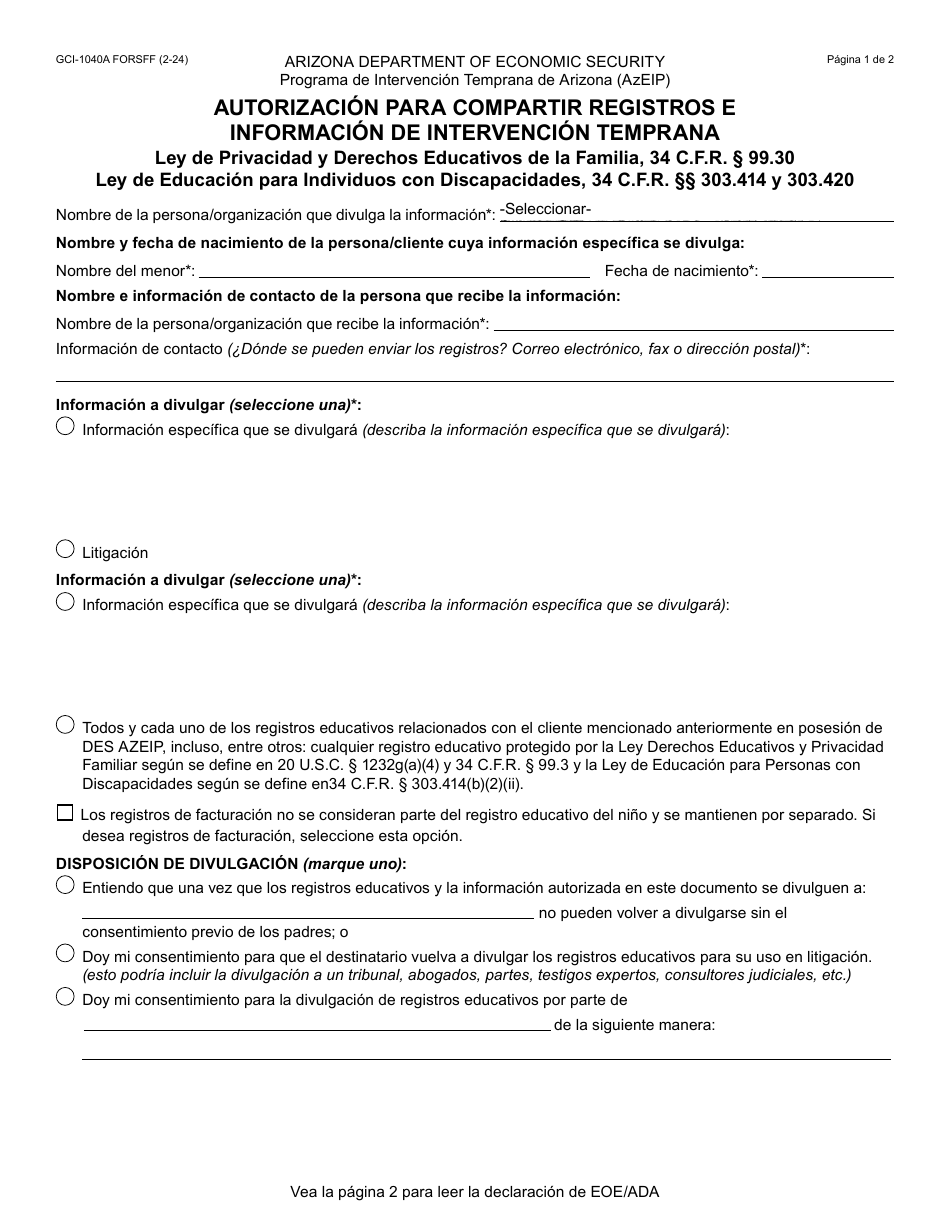 Formulario GCI-1040A-S Autorizacion Para Compartir Registros E Informacion De Intervencion Temprana - Arizona (Spanish), Page 1