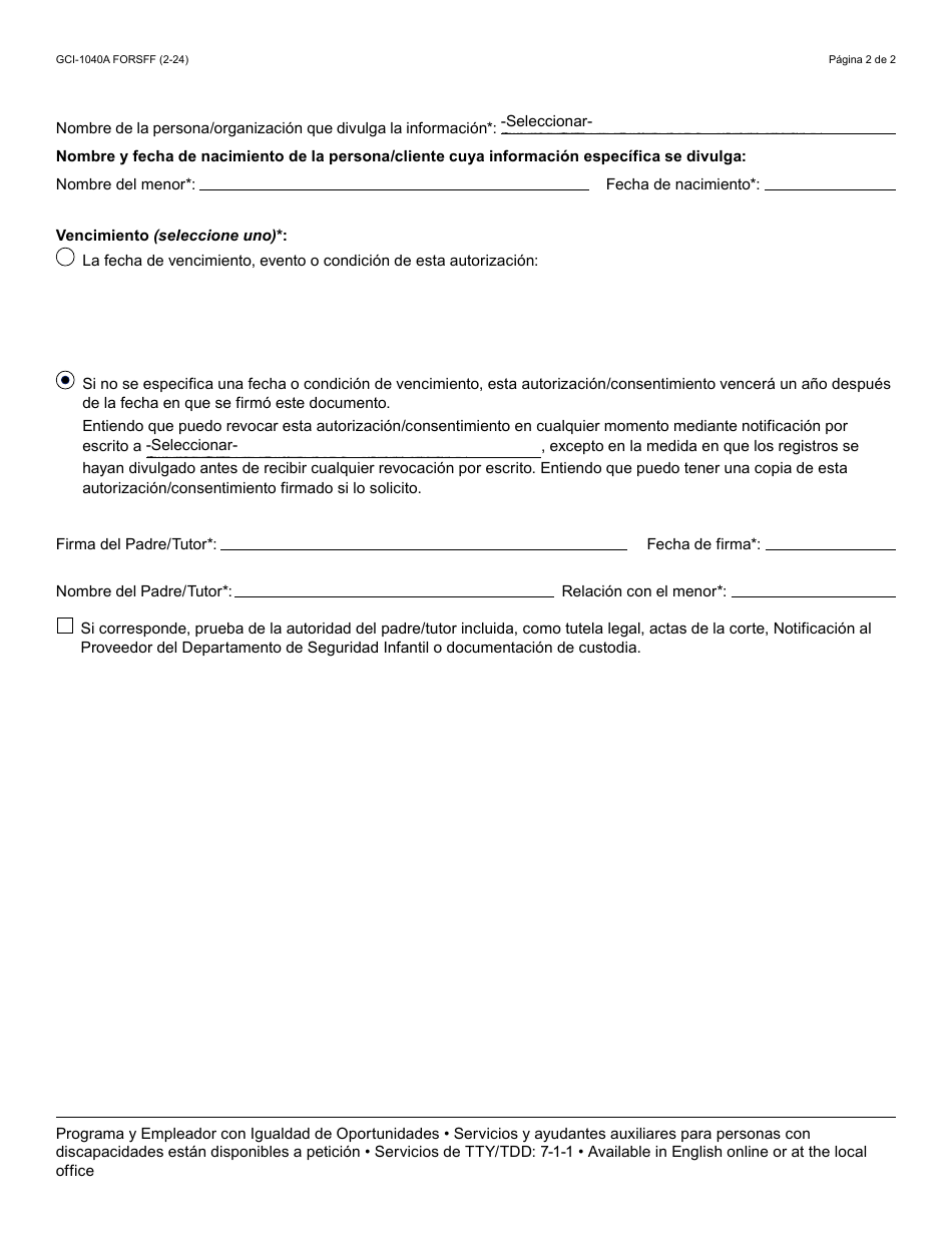 Formulario GCI-1040A-S Autorizacion Para Compartir Registros E Informacion De Intervencion Temprana - Arizona (Spanish), Page 2