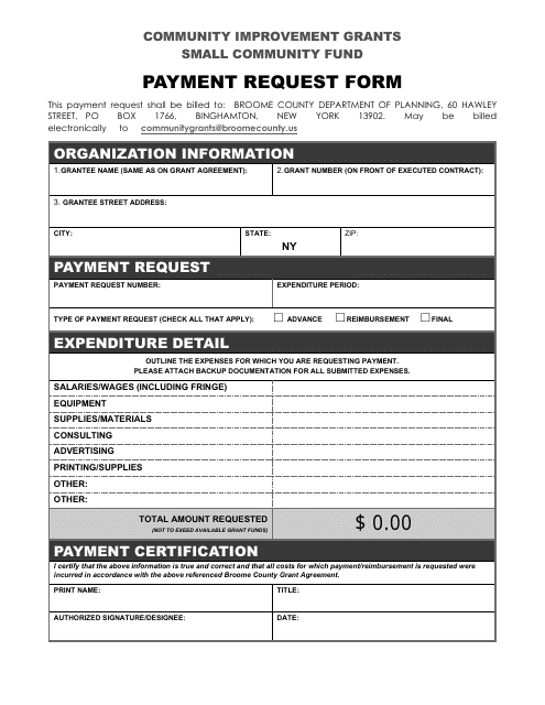 Small Community Fund Payment Request Form - Broome County, New York Download Pdf