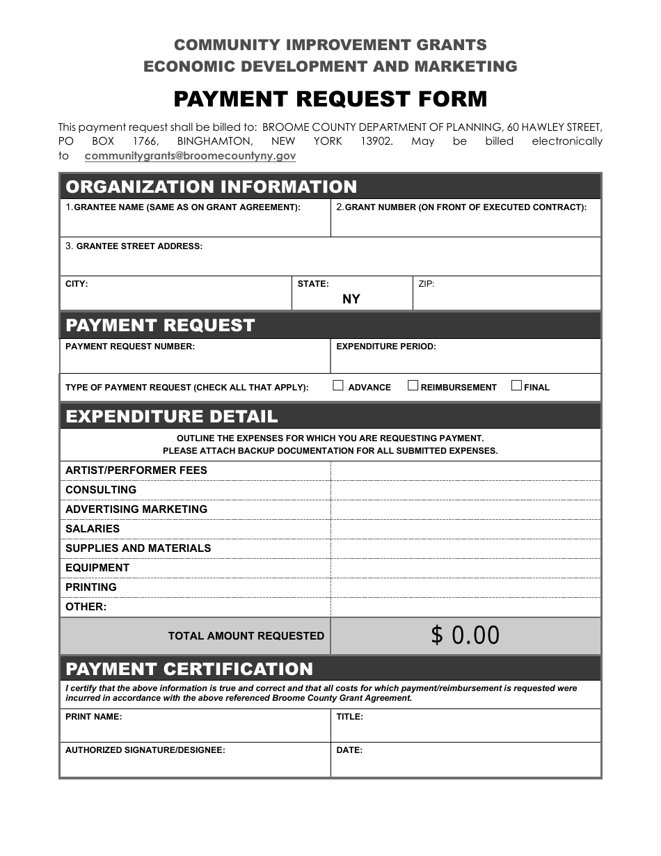 Economic Development and Marketing Payment Request Form - Broome County, New York, Page 1