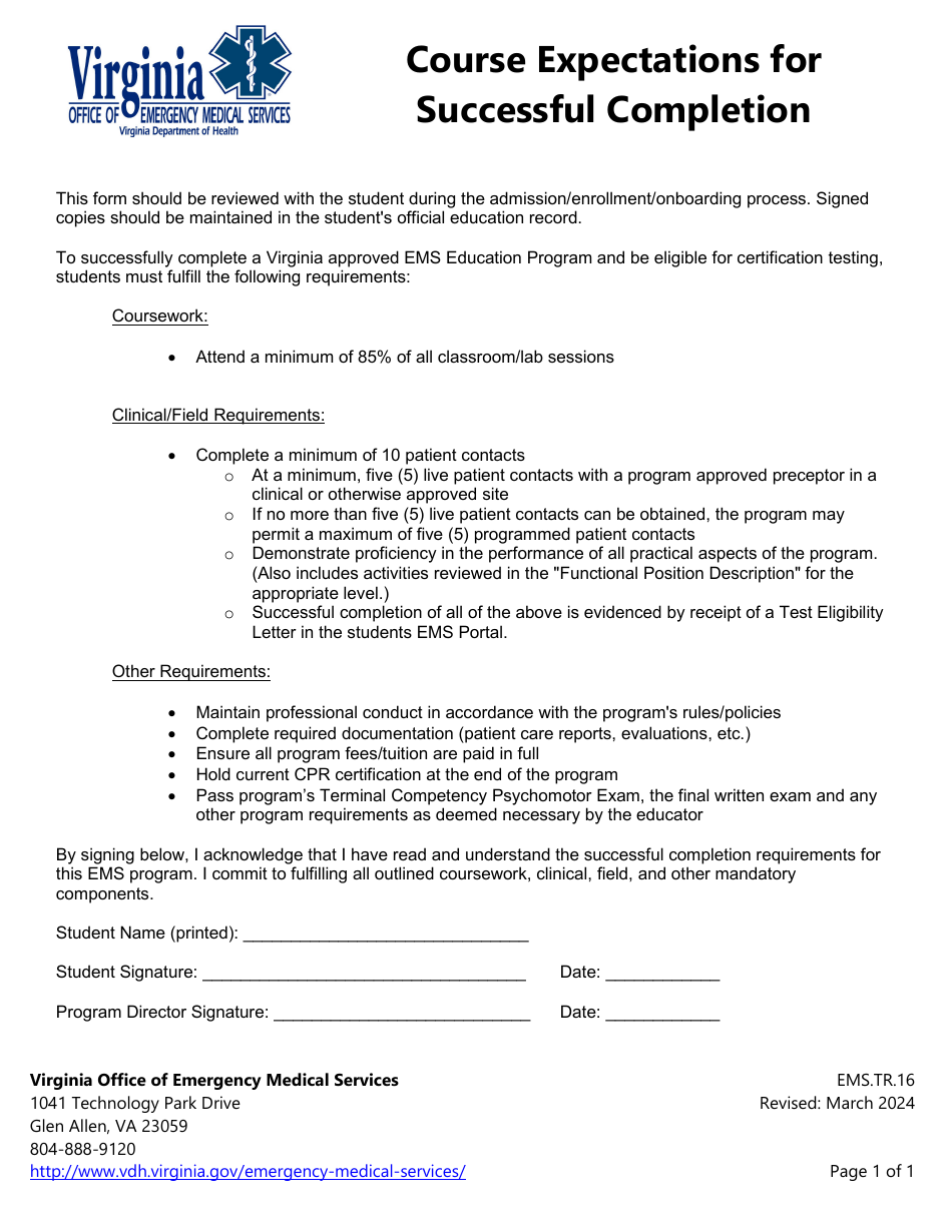 Form EMS.TR.16 Course Expectations for Successful Completion - Virginia, Page 1