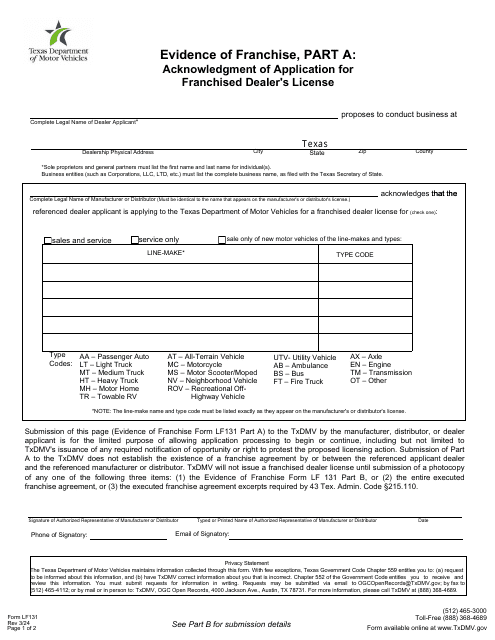 Form LF131 Acknowledgment of Application for Franchised Dealer's License - Texas