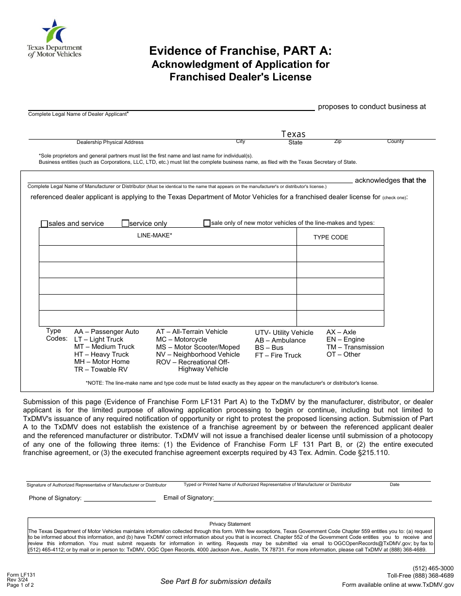 Form LF131 Acknowledgment of Application for Franchised Dealers License - Texas, Page 1