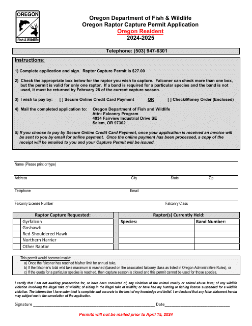 Oregon Raptor Capture Permit Application - Resident - Oregon, 2025