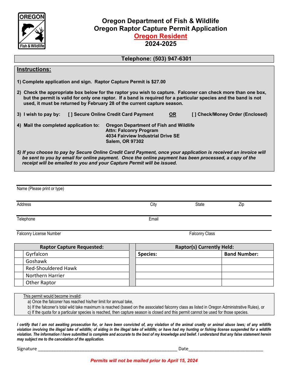 Oregon Raptor Capture Permit Application - Resident - Oregon, Page 1