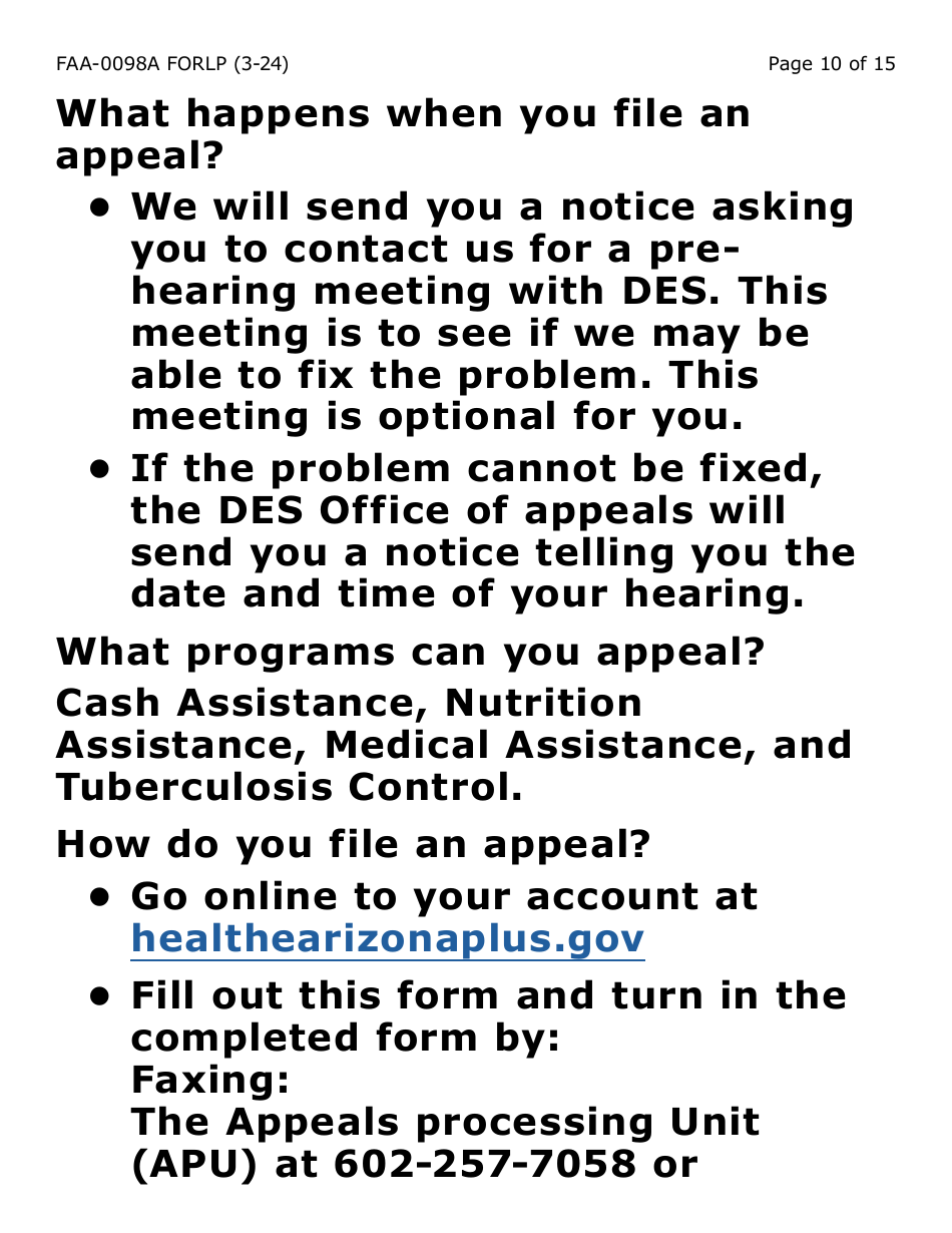Form FAA-0098A-XLP Hearing Request - Extra Large Print - Arizona, Page 10