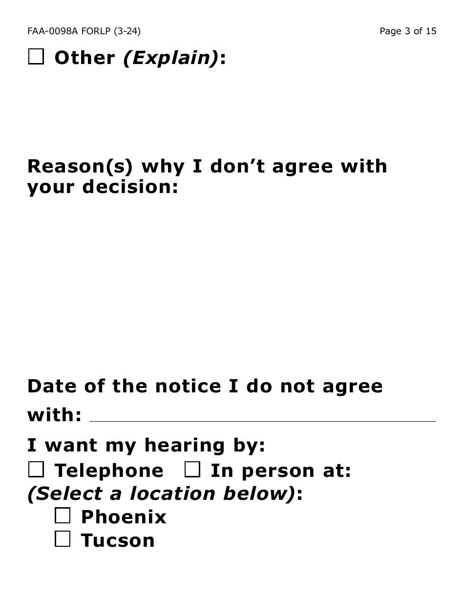 Form FAA-0098A-XLP Hearing Request - Extra Large Print - Arizona, Page 3