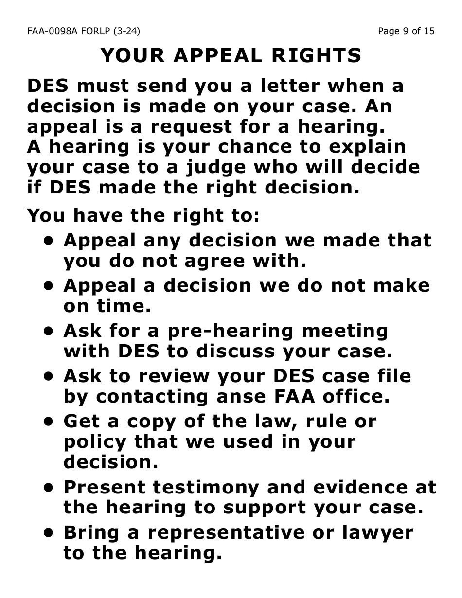 Form FAA-0098A-XLP Hearing Request - Extra Large Print - Arizona, Page 9