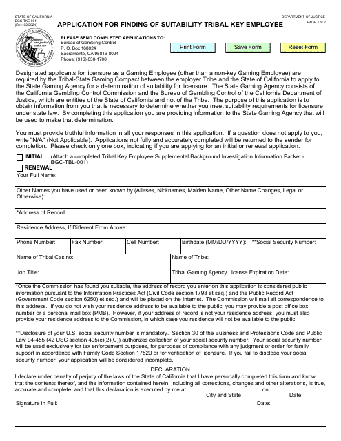Form BGC-TKE-001 Application for Finding of Suitability Tribal Key Employee - California