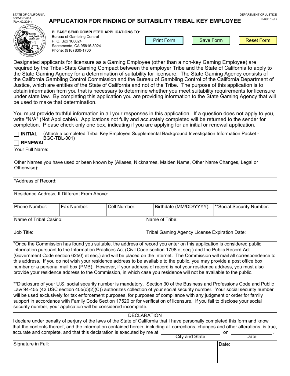 Form BGC-TKE-001 Application for Finding of Suitability Tribal Key Employee - California, Page 1