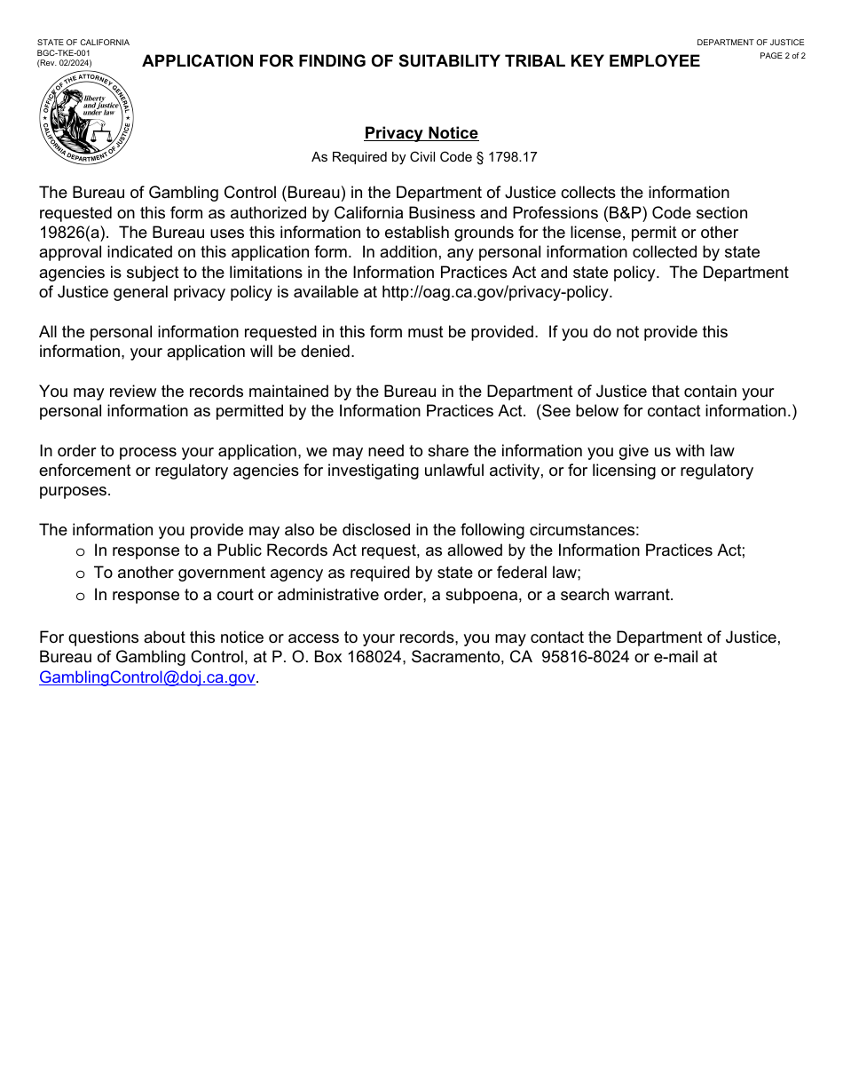 Form BGC-TKE-001 Application for Finding of Suitability Tribal Key Employee - California, Page 2